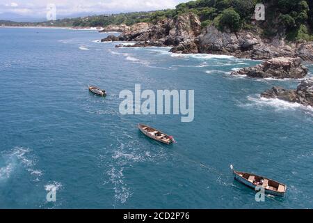 ACAPULCO, MEXICO - AUGUST 24: A vintage boat is seen floating on the seashore on August 24, 2020 in Acapulco, Mexico. Credit: Ricardo Castelan Cruz / Eyepix Group / The Photo Access Stock Photo