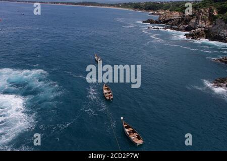 ACAPULCO, MEXICO - AUGUST 24: A vintage boat is seen floating on the seashore on August 24, 2020 in Acapulco, Mexico. Credit: Ricardo Castelan Cruz / Eyepix Group / The Photo Access Stock Photo