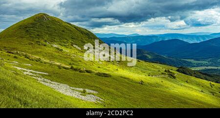 Mountain landscape in Bieszczady Poland. Blue sky and white clouds over ...