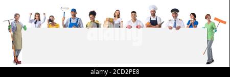 People representing diverse professions holding big blank banner isolated on white background Stock Photo