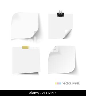 Set of post it paper sheets. Realistic vector notepaper with curl corners. Reminder with paper clip and sticky tape. Realistic vector note paper illus Stock Vector