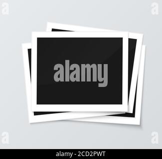 Stack of blank horizontal photo frames from instant camera with shadow isolated on gray background for images. Realistic vector illustration of photo Stock Vector