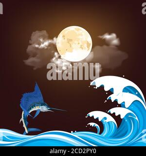 Blue marlin fish leaping out of the water over high ocean waves set against a full moon night sky Stock Photo