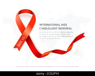 AIDS Awareness red vector ribbon, symbol of AIDS memorial day with long swirl tail, word map and space for text isolated on white. AIDS ribbon. Realis Stock Vector