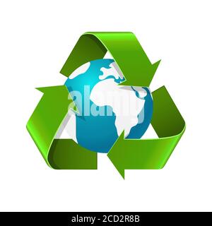 Environment day concept. Realistic vector illustration of Eath globe with recycle sign arrows isolated on white. Eco recycle symbol. World environment Stock Vector