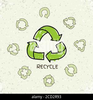 Set of hand drawn doodle recycle reuse symbols isolated on craft paper background. Doodle vector recycle icon. Recycle signs, recycling icons Stock Vector
