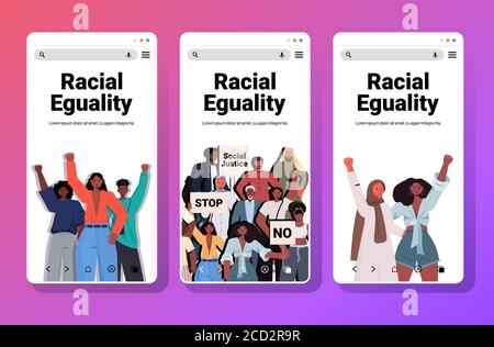 set african american people activists holding raised up hands racial equality social justice stop discrimination concept smartphone screens collection copy space portrait vector illustration Stock Vector