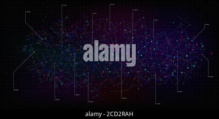 Big data visualization. Nebula of multi-colored particles with callout elements. Abstract science technology background with grid. Vector Stock Vector
