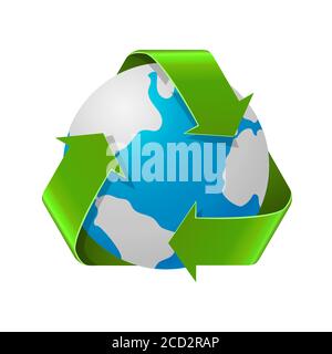 Recycling Earth concept. Realistic illustration of recycle arrows with Earth globe isolated on white. Recycling symbol. Stock Vector