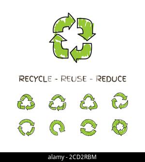 Hand drawn doodle circular arrows, vector recycle icons isolated on white. Different recycle symbols , recycle signs Stock Vector