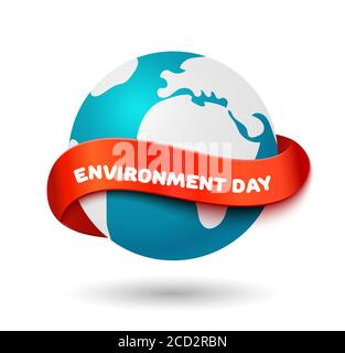 Environment day concept. Big Earth globe with curve red ribbon and space for text. Realistic vector illustration. World environment day banner Stock Vector