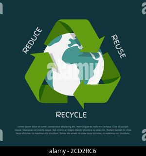 Vector flat Recycling arrows symbol with Earth globe inside isolated on dark background. Recycle icon, environment concept Stock Vector