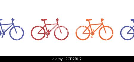 Bicycle seamless vector border. Horizontal Bike pattern repeat. Mountainbikes distressed grunge style. Sport design for fabric trim, flyers, sports Stock Vector