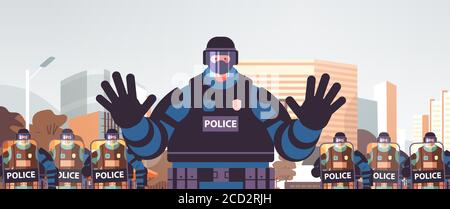 policeman in full tactical gear riot police officer showing stop gesture protesters and demonstrations control riots mass concept cityscape portrait horizontal vector illustration Stock Vector