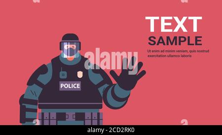 policeman in full tactical gear riot police officer waving hand protesters and demonstrations control concept portrait horizontal copy space vector illustration Stock Vector