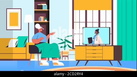 senior woman watching online video consultation with female doctor on tv screen healthcare telemedicine medical advice concept living room interior full length horizontal vector illustration Stock Vector