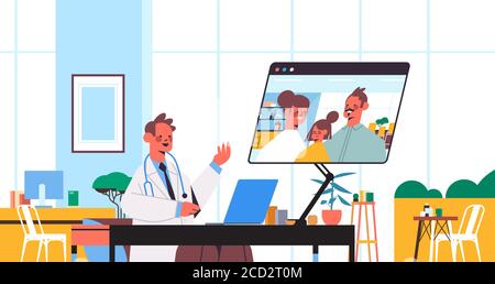 doctor using laptop consulting family patients during video call online consultation healthcare service medicine medical advice concept hospital office interior horizontal vector illustration Stock Vector