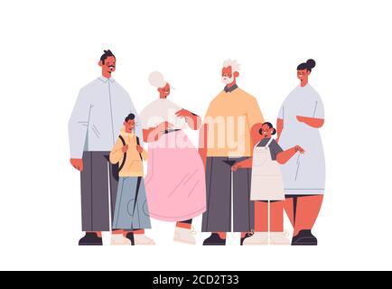 multi generation family happy grandparents parents and children standing together full length horizontal vector illustration Stock Vector