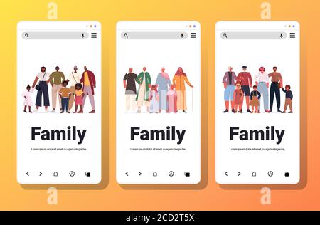 set mix race multi generation families happy grandparents parents and children standing together full length smartphone screens collection copy space vector illustration Stock Vector