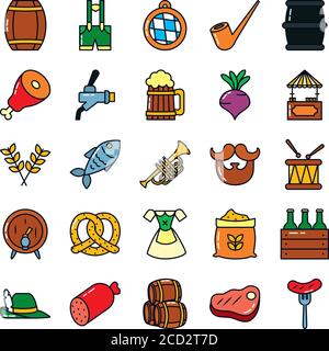 icon set of beer barrels and oktoberfest over white background, line and fill style, vector illustration Stock Vector