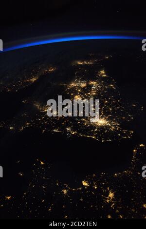 EUROPE - 02 April 2017 - Beautiful night view of Western Europe from the International Space Station, with the southern British Isles and northwestern Stock Photo