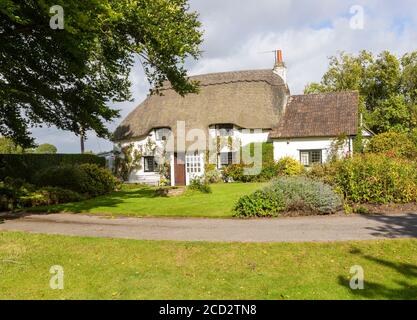 Pretty thatched country cottage and garden, Cherhill, Wiltshire, England, UK - property released Stock Photo