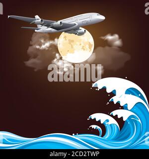 Passenger plane flying over ocean waves set against a dramatic full moon sky Stock Photo