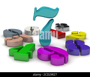 Number Seven in the middle of numbers. 3d colorful numbers lying on white background with the number of SEVEN in the middle. 3D illustration Stock Photo