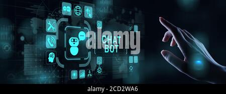 Chatbot computer program designed for conversation with human users over the Internet. Support and customer service automation technology concept. Stock Photo