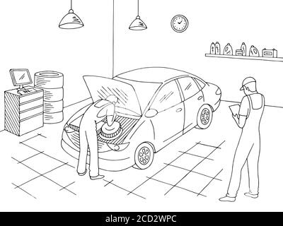 Car service interior graphic black white sketch illustration vector. Workers repair a vehicle Stock Vector