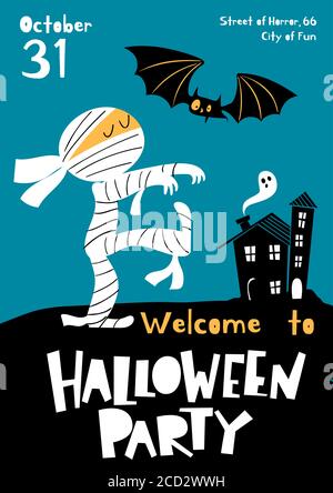 Vector Welcome to Halloween party poster in cartoon flat style Stock Vector