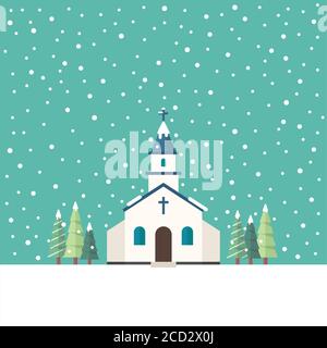 Church flat style in winter season. Vector illustration Stock Vector