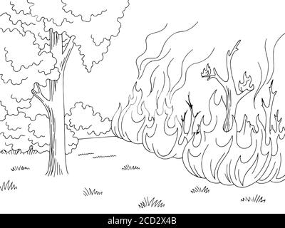 Wildfire graphic black white forest fire landscape sketch illustration vector Stock Vector