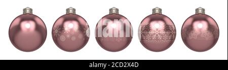 A line of rose gold christmas baubles decorated with different ornate snowflake patterns on an isolated white background - 3D render Stock Photo