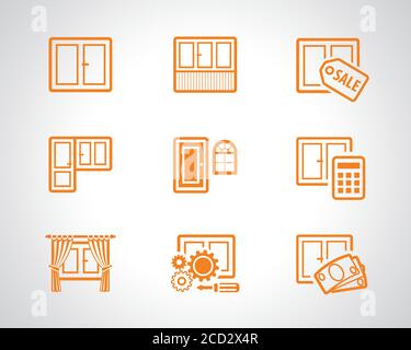 Window and glass doors logo list. Set of vector web icons of plastic windows for building industry, repairs and update company. Windows, doors icon Stock Vector