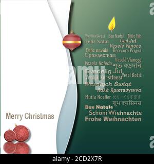 Words Merry Christmas in Different European, Eastern European, Hindi, Bengali, Indian, Japanese Languages forming candle, red balls on white green background. Place for text, mockup.3D illustration Stock Photo