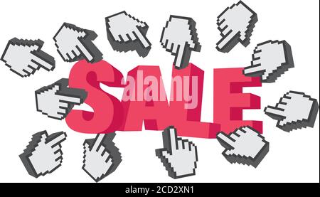 3d Sale font with lots of hand cursors. Concept of online promotion, ecommerce or web sale marketplace. Vector illustration Stock Vector