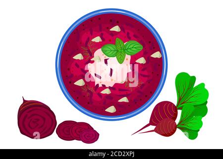 Beetroot soup isolated on white background. Borscht soup and beetroot slices near.Beet root delicious soup in plate top view.Stock vector illustration Stock Vector