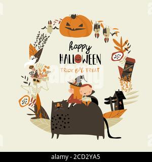 Cartoon wreath with Halloween elements and characters Stock Vector