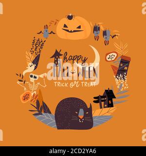 Cartoon wreath with Halloween elements and characters Stock Vector