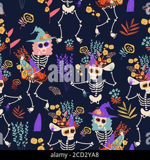 Seamless pattern with skeletons and flowers. Happy crazy Halloween Stock Vector