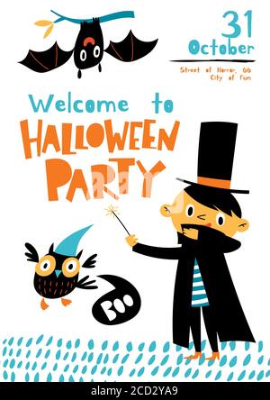Vector Welcome to Halloween party poster in cartoon flat style Stock Vector