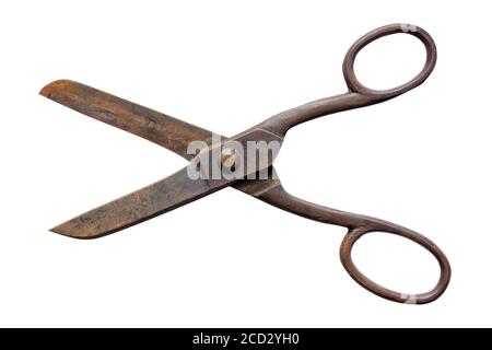 Old rusty scissors, opened, isolated on white background Stock Photo