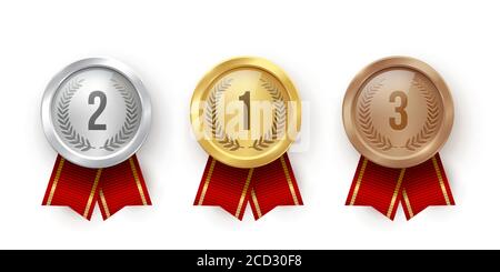 Golden, silver and bronze blank medals with red ribbons isolated on white background. Vector sports illustration. Stock Vector