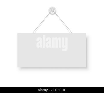 Realistic empty blank signboard white rectangle hanged on suction cup. Round shape sign frame template hanging on wall. Price tag mockup Stock Vector