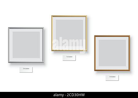 Square podium frames. Golden, silver and bronze borders isolated on white background. Vector illustration Stock Vector