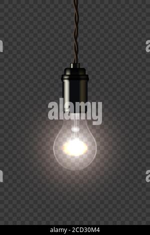 Vintage glowing lamp holding on wire on dark transparent background. Vector isolated design element. Stock Vector