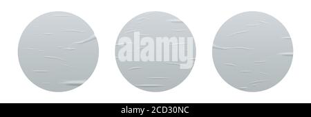 Glued round stickers set isolated on white background. Vector realistic crumpled posters bundle. Wet greased wrinkles blank template texture. Empty Stock Vector