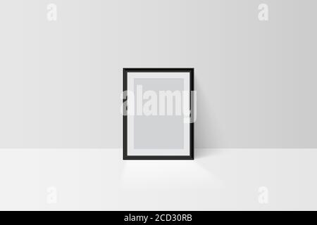 Realistic vector tree-dimension empty blank black simple frame mockup template isolated on light background. Picture or photo framing mat with wide Stock Vector
