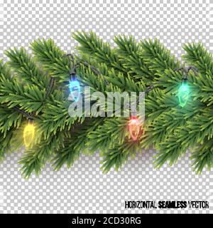 Fir branch with light bulb garland horizontal seamless pattern on transparent background. Vector Christmas and New Year background Stock Vector